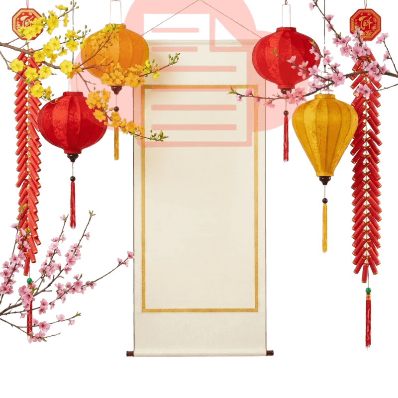 Mẫu lồng đèn tết vector trang trí hoa mai, đào thực tế