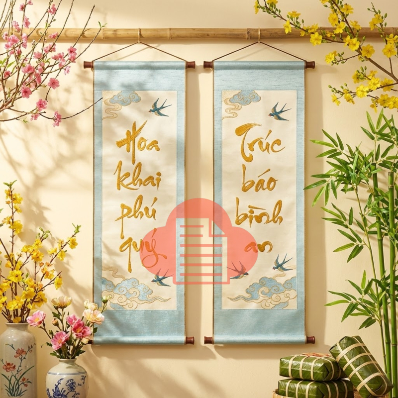 Bộ Sưu Tập 99+ Mẫu Câu Đối Tết Vector 2026 Tải Miễn Phí Mẫu câu đối "Hoa khai phú quý - Trúc báo bình an"